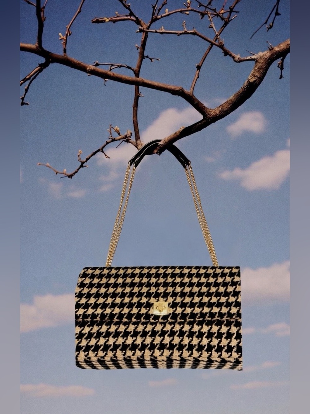 Anine Bing Houndstooth Shoulder Bag with Gold Chain new